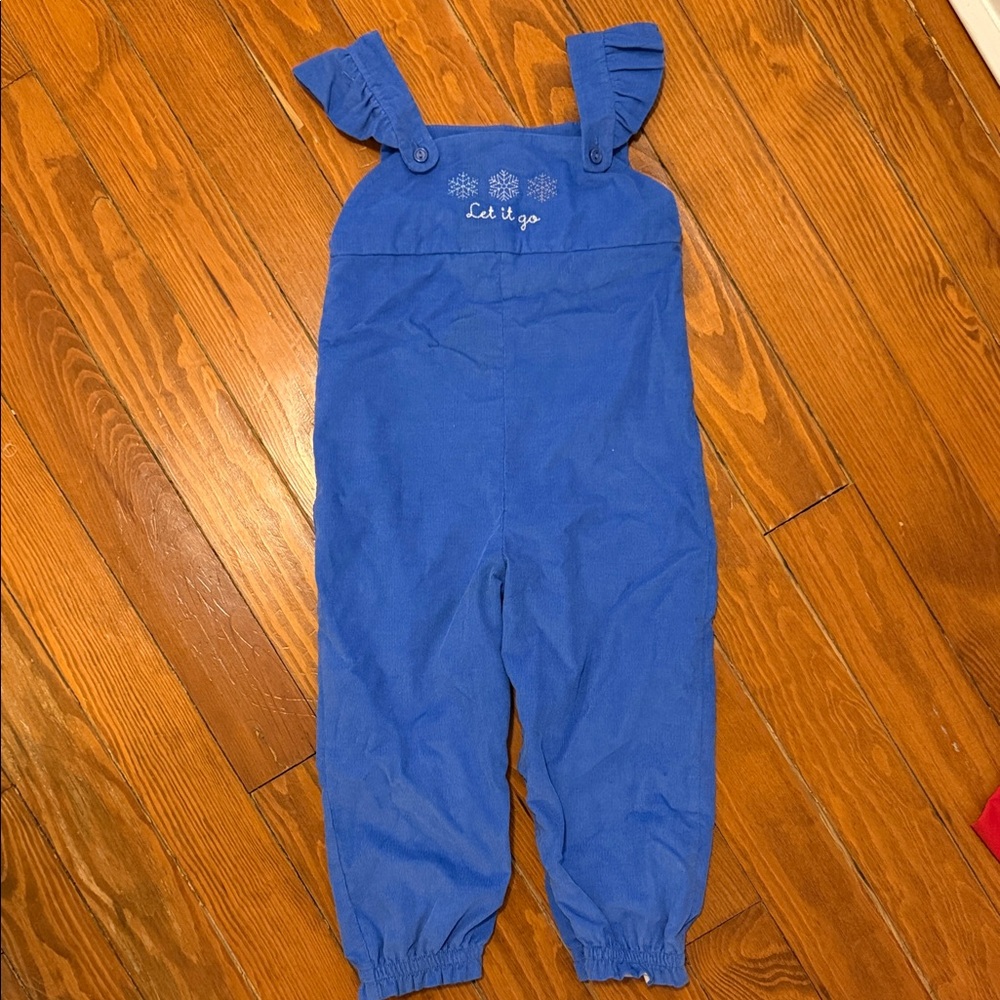 Blue Corduroy Toddler Ruffle Strap Overalls with 'Let It Go' Embroidery